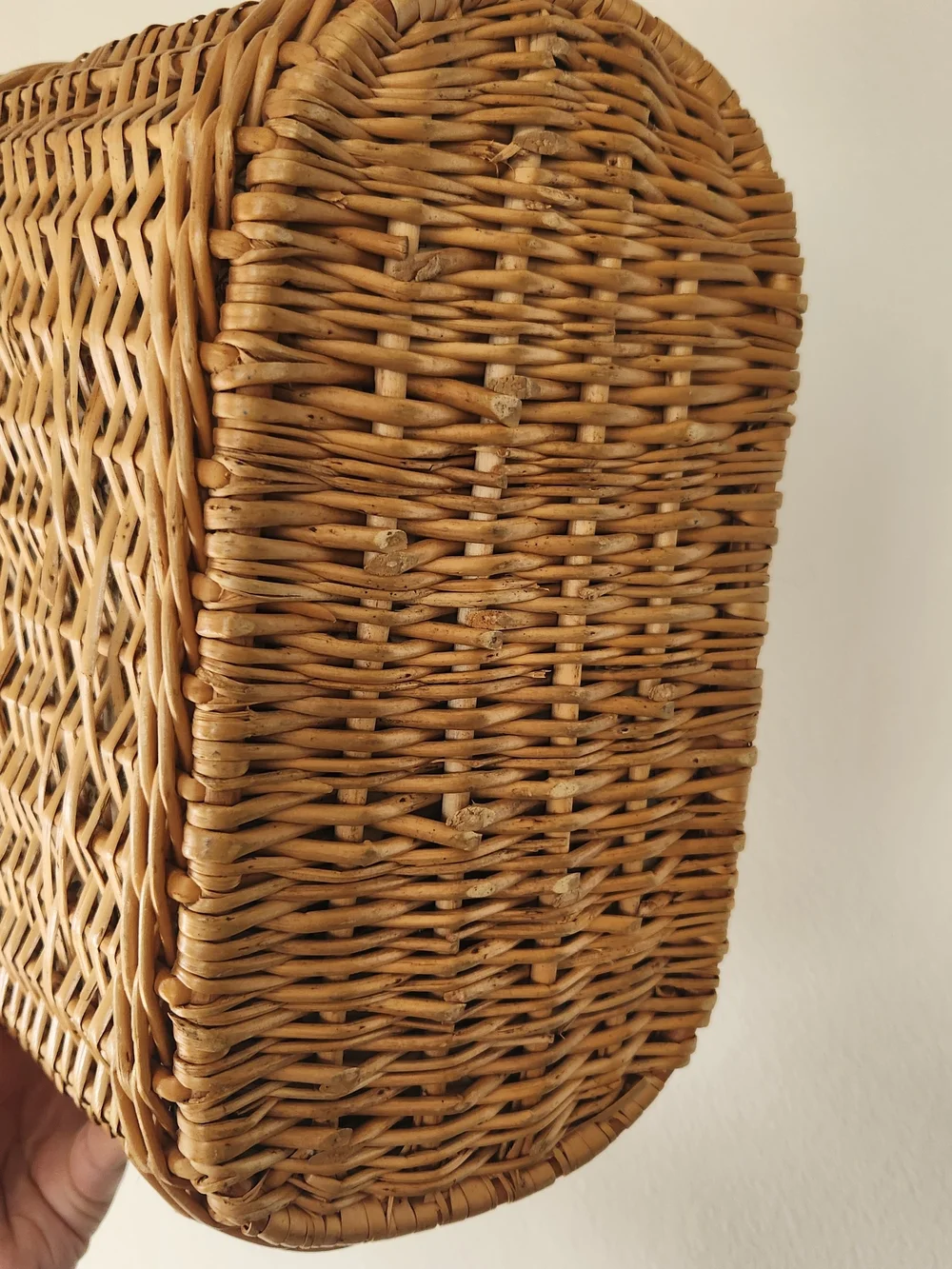 Vintage Handmade Woven Rattan Basket Tote in Natural Brown with Bird Liner